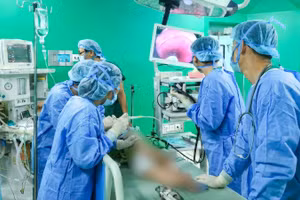 Các y, bác sĩ tiến hành mổ nội soi lấy dị vật ra khỏi thực quản bệnh nhi 11 tháng tuối.
