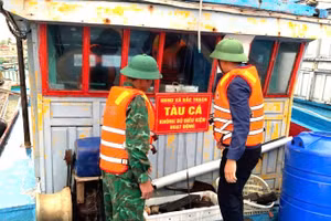 Lực lượng chức năng tỉnh Quảng Trị niêm phong, đóng bảng thông báo tàu cá không đủ điều kiện hoạt động.