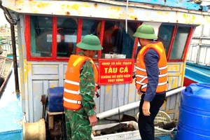 Lực lượng chức năng tỉnh Quảng Trị niêm phong, đóng bảng thông báo tàu cá không đủ điều kiện hoạt động.