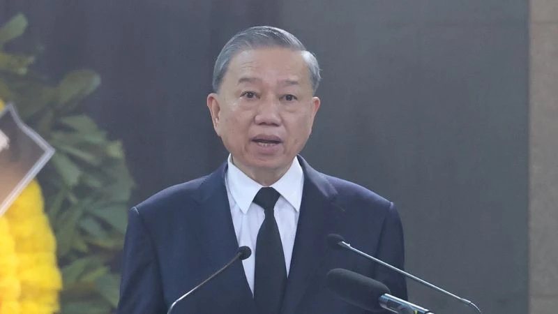 Chủ tịch nước Tô Lâm, Trưởng Ban Lễ tang đọc Lời điếu tại Lễ truy điệu Tổng Bí thư Nguyễn Phú Trọng. (Ảnh: ĐĂNG KHOA)