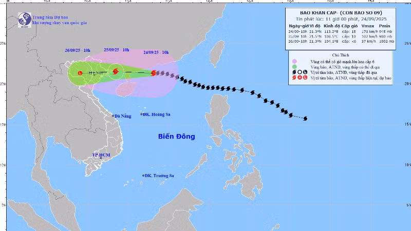 Bản đồ dự báo quỹ đạo và cường độ bão số 9 phát lúc 11 giờ ngày 24/9.