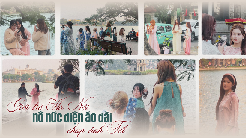 Giới trẻ nô nức diện áo dài xuống phố chụp ảnh đón Tết.