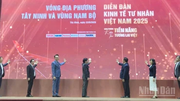 Lãnh đạo Tỉnh ủy Long An và Hội Doanh nghiệp trẻ Việt Nam và các đại biểu ấn nút khai mạc diễn đàn. 