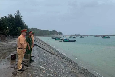 Công an huyện Cô Tô kiểm đếm các phương tiện đang neo đậu ở khu vực tránh trú bão trên đảo.