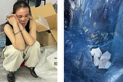 Lò Thị Phương cùng tang vật khi bị bắt giữ. (Ảnh: CÔNG AN ĐIỆN BIÊN)