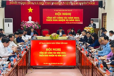 Chủ tịch Ủy ban nhân dân tỉnh Trần Huy Tuấn phát biểu chỉ đạo hội nghị. (Ảnh THANH SƠN).