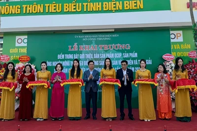 Các đại biểu cắt băng khánh thành Điểm trưng bày giới thiệu, bán sản phẩm OCOP Điện Biên. 