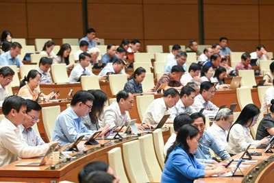 Quốc hội họp phiên toàn thể tại hội trường nghe Tờ trình và Báo cáo thẩm tra dự thảo Nghị quyết của Quốc hội về một số cơ chế, chính sách đặc biệt, tạo đột phá trong xây dựng và tổ chức thi hành pháp luật. (Ảnh: BÙI GIANG)