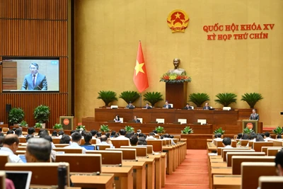 Quốc hội họp phiên toàn thể tại hội trường, tiến hành các nội dung nghe Tờ trình và Báo cáo thẩm tra dự án Luật sửa đổi, bổ sung một số điều của Luật Quốc tịch Việt Nam. (Ảnh: THỦY NGUYÊN)