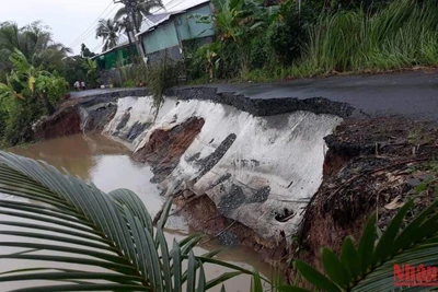 Sạt lở tại tuyến kênh Ba Rài thuộc xã Hội Xuân, huyện Cai Lậy (Tiền Giang) gây khó khăn cho người dân qua lại trên tuyến đường này.