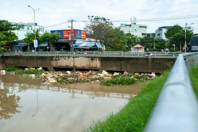 Lúc 8 giờ 30 sáng 8/11, miệng cống cầu Đa Cô càng lúc bị chẹt cứng do rác thải sinh hoạt và lục bình dồn về. Anh Hoàng Khánh Nam (ngụ đường Đồng Trí) cho biết, rác đã dồn lại ở miệng cống từ tờ mờ sáng nay, đến giờ thì lượng rác một lúc một nhiều.