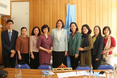 Đại sứ Tamara Rastovac Siamashvili, Chủ tịch Hội đồng Chấp hành UNESCO, tiếp Đoàn Trung ương Hội Liên hiệp Phụ nữ Việt Nam. Cùng dự có Đại sứ - Trưởng Phái đoàn thường trực Việt Nam bên cạnh UNESCO Lê Thị Hồng Vân. (Ảnh: Khải Hoàn)