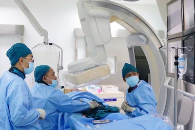 Ê-kíp bác sĩ Bệnh viện đa khoa tỉnh Ninh Thuận cùng các chuyên gia đầu ngành về tim mạch can thiệp Bệnh viện Thống Nhất (Thành phố Hồ Chí Minh) thực hiện kỹ thuật nong bóng và đặt stent động mạch chi dưới cho bệnh nhân 