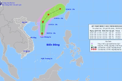 Vị trí và hướng di chuyển của áp thấp nhiệt đới lúc 19 giờ ngày 30/5. (Nguồn: nchmf.gov.vn)