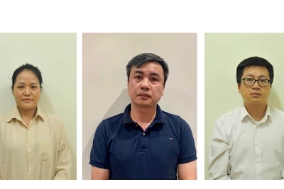 Các bị can ( từ trái qua: Phan Thị Thu Thủy, Trần Tuấn Vinh, Trần Vinh Quang).