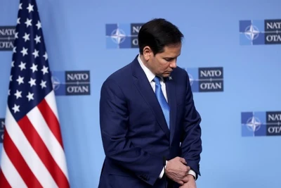 Ngoại trưởng Mỹ Marco Rubio gặp gỡ báo chí trong khuôn khổ cuộc họp Bộ trưởng Ngoại giao NATO tại Brussels, Bỉ, vào ngày 3/4/2025. (Ảnh: Tân Hoa xã)