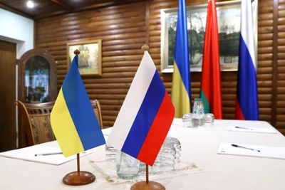 Tư liệu một cuộc đàm phán giữa phái đoàn Nga và Ukraine tại Belovezhskaya Pushcha, chụp ngày 7/3/2022. (Ảnh: Tân Hoa xã)