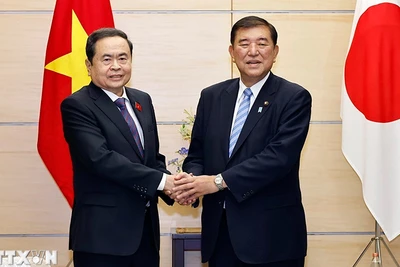 Chủ tịch Quốc hội Trần Thanh Mẫn hội kiến Thủ tướng Nhật Bản Ishiba Shigeru. (Ảnh: Doãn Tấn/TTXVN)