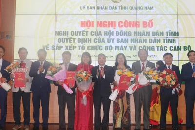 Các đồng chí Thường trực Tỉnh ủy Quảng Nam trao quyết định và hoa tặng các đồng chí giám đốc, phó giám đốc sở nghỉ hưu trước tuổi.