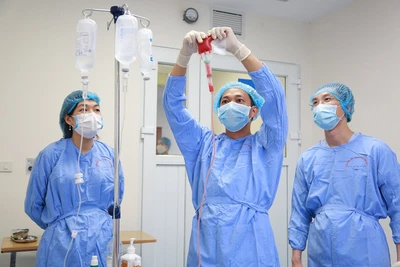 Các bác sĩ Bệnh viện Huyết học-Truyền máu Trung ương thực hiện truyền tế bào gốc cho người bệnh. 