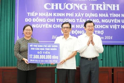 Đồng chí Trương Tấn Sang cùng đơn vị tài trợ trao bảng tượng trưng số tiền 17,5 tỷ đồng xây dựng 250 căn nhà tình nghĩa.