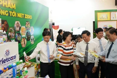 Đại biểu dự Hội thảo tham quan các mặt hàng chế biến từ dừa. (Ảnh: HOÀNG TRUNG)