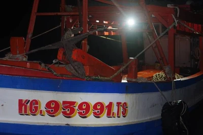 Lực lượng Bộ đội Biên phòng phát hiện tàu cá vi phạm khai thác thủy sản sai vùng. (Ảnh: HOÀNG TRUNG)
