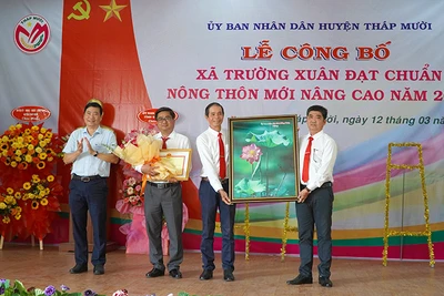 Chủ tịch Ủy ban nhân dân tỉnh Đồng Tháp Phạm Thiện Nghĩa trao quyết định công nhận xã nông thôn mới nâng cao. (Ảnh: HỮU NGHĨA)