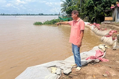 Ông Nguyễn Hoài Ơn chỉ tay về phía hiện trường vụ sạt lở. (Ảnh: HỮU NGHĨA)