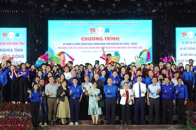 Đại biểu và các bạn đoàn viên, thanh niên chụp ảnh lưu niệm.