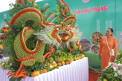 Trưng bày sản phẩm khởi nghiệp, sản phẩm OCOP tại huyện Châu Thành, tỉnh Đồng Tháp. (Ảnh: HỮU NGHĨA)