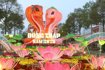 Hình ảnh linh vật rắn mềm mại, uốn lượn tại Đường hoa Xuân Ất Tỵ năm 2025.