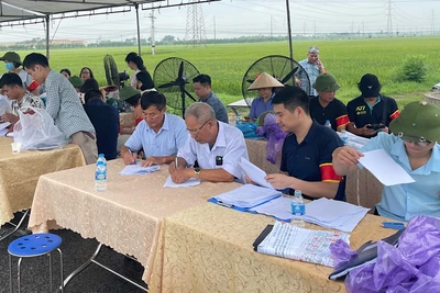 Các thành viên Tổ kiểm kê thiết lập biên bản kiểm đếm và bàn giao hồ sơ cho cơ quan chức năng tại buổi cưỡng chế.