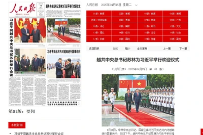 Nhân dân nhật báo dành toàn bộ trang nhất số ra ngày 15/4 để đưa tin về hoạt động của chuyến thăm. (Ảnh cắt từ màn hình http://paper.people.com.cn/)