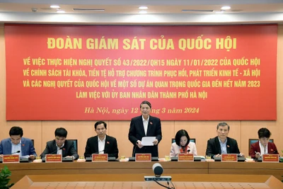 Phó Chủ tịch Quốc hội Nguyễn Đức Hải - Trưởng Đoàn giám sát của Quốc hội giám sát việc thực hiện Nghị quyết số 43/2022/QH15, làm việc với Ủy ban nhân dân thành phố Hà Nội chiều 12/3/2024. Nguồn: quochoi.vn 