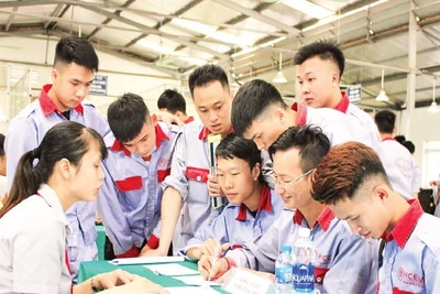 Sinh viên Trường cao đẳng Cơ điện Hà Nội tham gia hoạt động tuyển dụng việc làm do các doanh nghiệp tổ chức.