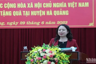 Đồng chí Võ Thị Ánh Xuân phát biểu ý kiến tại buổi làm việc với Ban Thường vụ Huyện ủy Hà Quảng, tỉnh Cao Bằng.