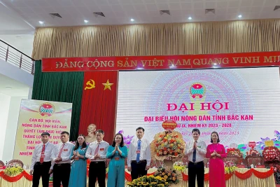 Lãnh đạo Trung ương Hội Nông dân Việt Nam tặng lẵng hoa chúc mừng đại hội. (Ảnh: TUẤN SƠN)