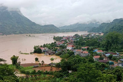 Nước ngập cánh đồng và cả nhà dân. (Ảnh: TUẤN SƠN)