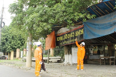 Cán bộ Công ty Điện lực Bắc Kạn tuyên truyền, hướng dẫn người dân huyện Chợ Mới phòng, tránh nguy hiểm từ lưới điện đi qua những cây to. 