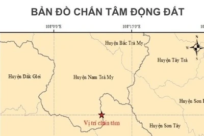 Bản đồ tâm chấn động đất tại huyện Kon Plông, tỉnh Kon Tum. (Nguồn: Trung tâm Báo tin động đất và Cảnh báo sóng thần, Viện Các khoa học trái đất)