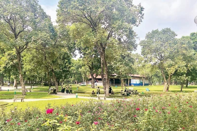 Không gian rộng lớn với mầu xanh mướt cùng những vườn hoa đua nhau khoe sắc tại khu vực Công viên Thống Nhất trên phố Trần Nhân Tông. (Ảnh CẨM ANH)