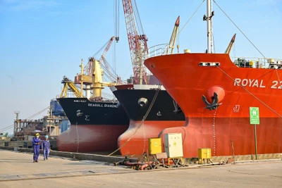 Những người thợ đóng tàu rảo bước trên cầu cảng Nam Triệu (thành phố Thủy Nguyên, Hải Phòng), bên cạnh là những tàu dầu 7.000 tấn vừa được đóng mới. (Ảnh THẾ ĐẠI)