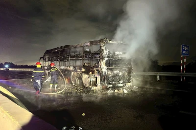 Hiện trường vụ cháy xe khách trên đường cao tốc Phan Thiết-Dầu Giây, đoạn qua xã Sông Phan, huyện Hàm Tân, tỉnh Bình Thuận. (Ảnh LÊ PHÚC) 