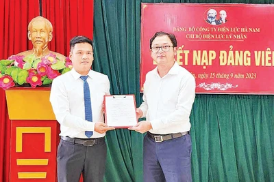 Lễ kết nạp đảng viên tại Chi bộ Điện lực huyện Lý Nhân (tỉnh Hà Nam). 