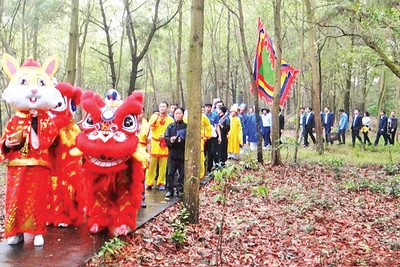 Các đại biểu và nhân dân cùng đội múa lân, đội trống thực hiện các nghi lễ truyền thống trên đường lên Ngũ Nhạc linh từ .