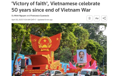 Tiêu đề bài viết về lễ kỷ niệm Lễ kỷ niệm 50 năm Ngày giải phóng miền Nam của hãng tin Reuters ngày 30/4/2025. Ảnh chụp màn hình