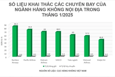 Số liệu khai thác các chuyến bay của ngành hàng không nội địa trong tháng 1/2025. 