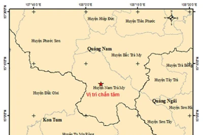 Bản đồ chấn tâm động đất tại huyện Nam Trà My (Quảng Nam).