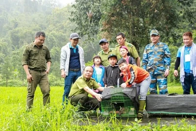 Cán bộ kiểm lâm Vườn quốc gia Cúc Phương cùng người dân thả động vật hoang dã về môi trường tự nhiên.